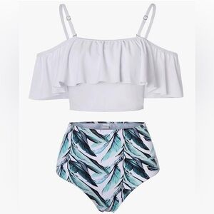 Kaei & Shi Off Shoulder White and Green Leaf Print Bikini Set NWOT